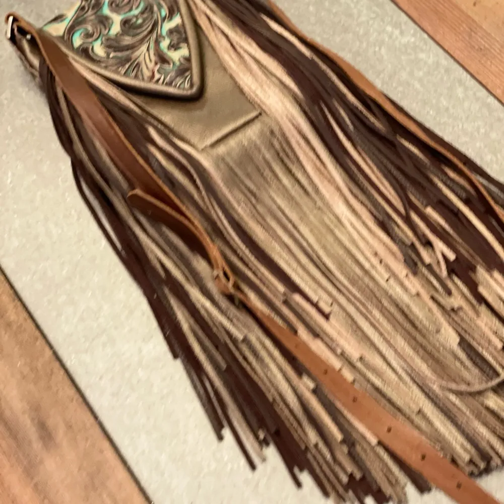 Metallic bronze and accents in turquoise and brown embossed crossbody purse - Image 7