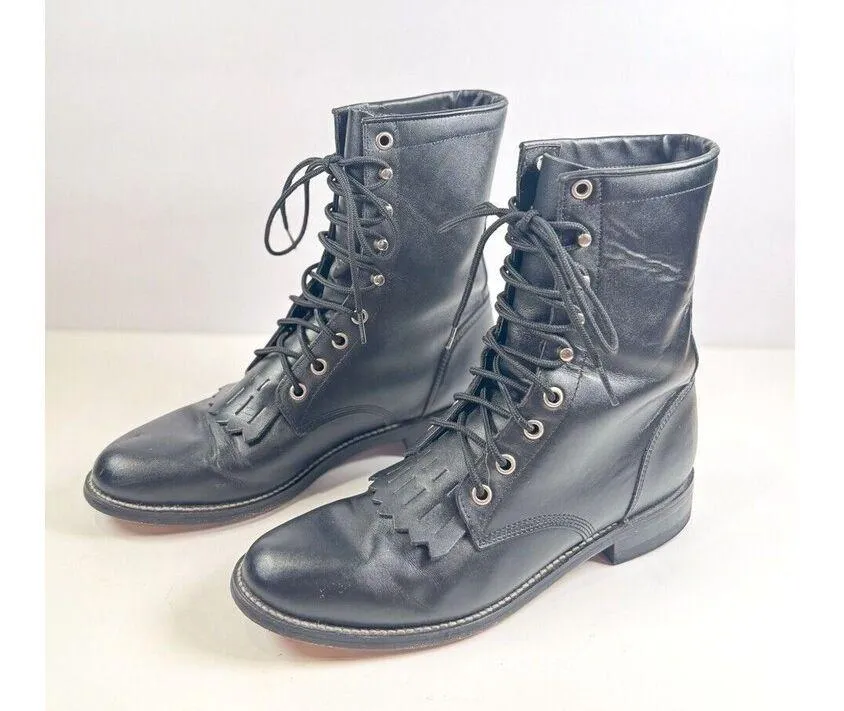 Justin Womens Boots Black Leather Combat Lace Up Kiltie Cowboy Romper US 6.5 - Image 2