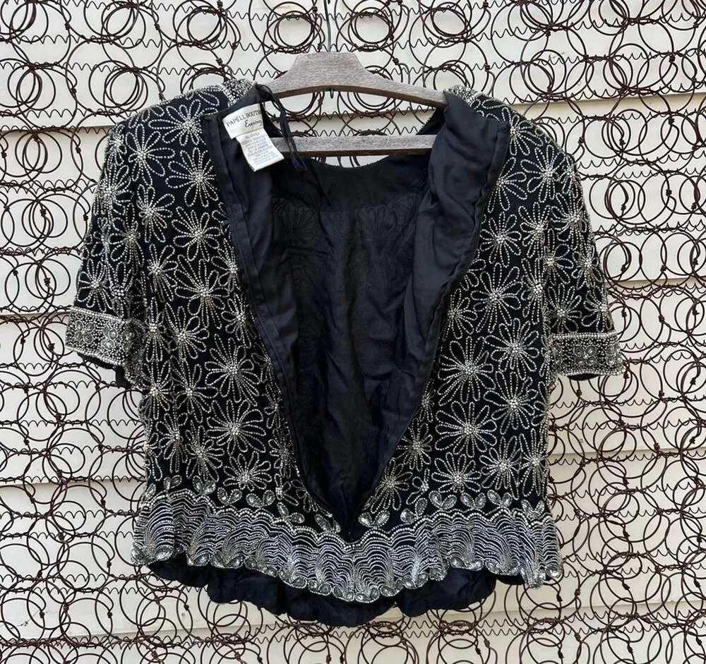 Vintage Adrianna Papell Boutique Evening Black Silk Beaded Daisy Floral Blouse - Image 4