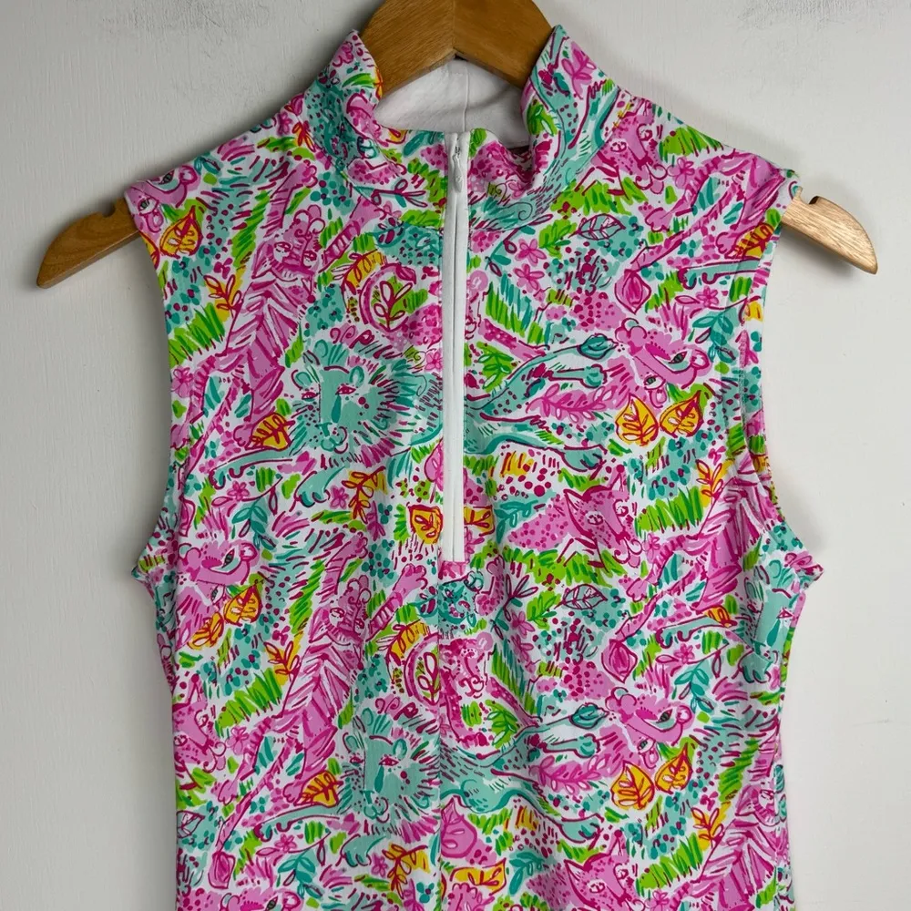 IBKUL Womens Sleeveless Active Dress Sz XS Leo Lion Tropical Print Mock Neck Pink - Image 5