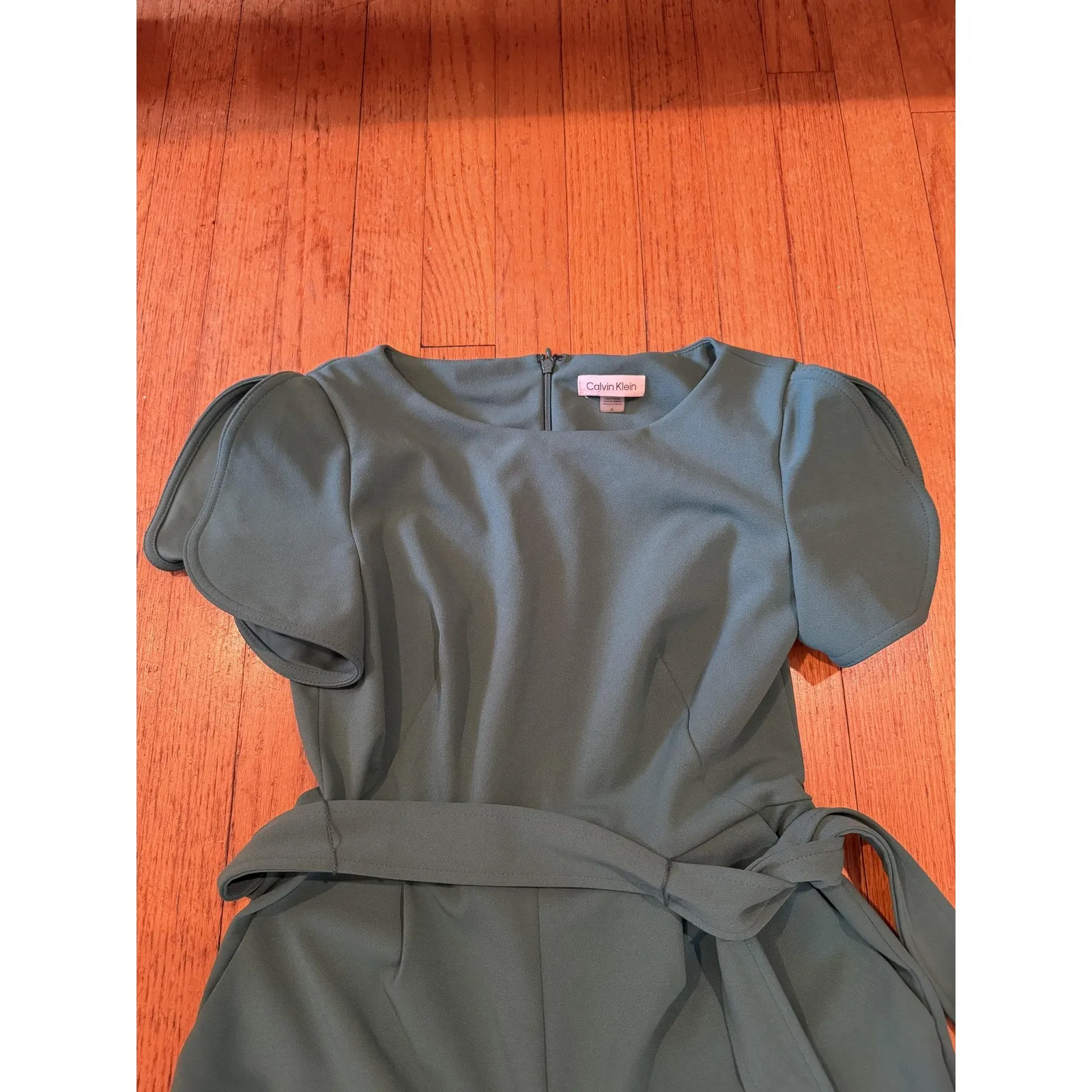 Calvin Klein Jumpsuit Womens 6 Green Puff Sleeve Belted One Piece Pockets - Image 3