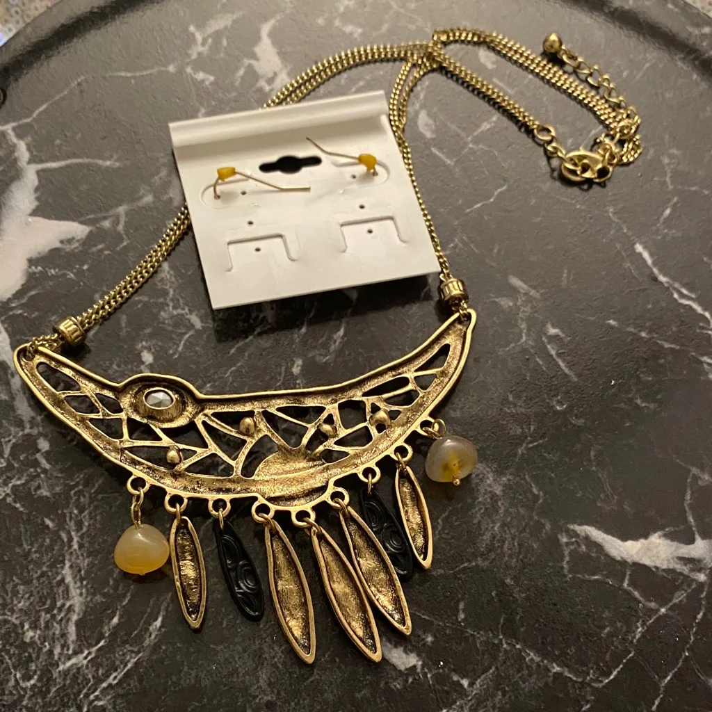 Gold and Black Statement Necklace and Earring Set - Image 2