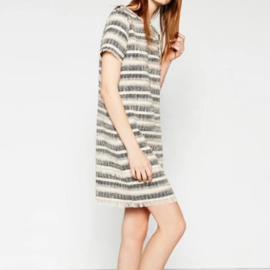 ZARA Low Back Cream Black Striped Tweed Shift Tunic
Mini Dress Fringe Detail XS - Image 2