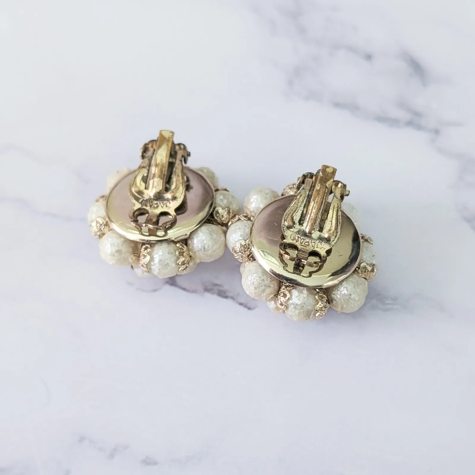 Vintage Clip On Earrings Cream & Gold Tone Stamped Japan Large - Image 7