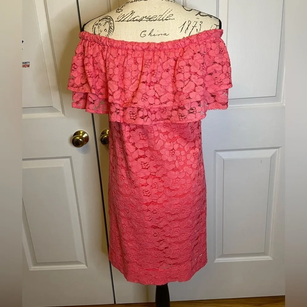 Trina Turk Off The Shoulder‎ Lace Ruffle Mini Dress Pink Size S - Image 4