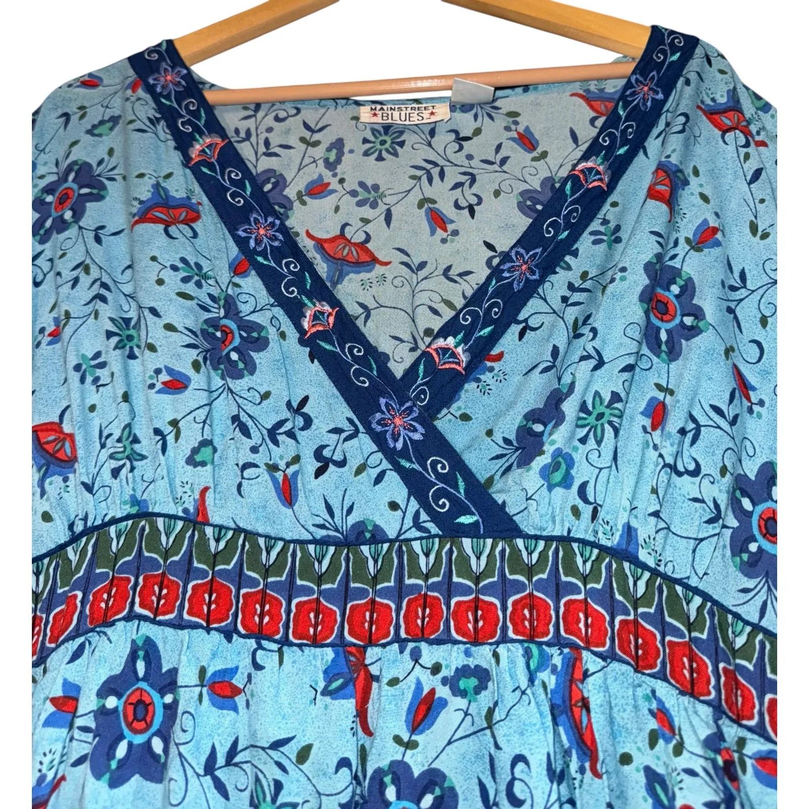 Vintage Market Street Blues Embroidered Boho Dress Floral Women's Size 16W ~Flaw Blue - Image 2