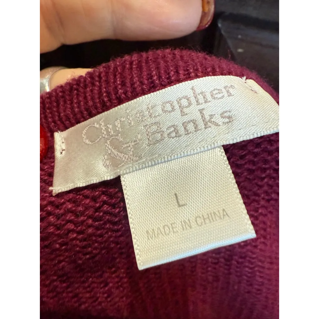 Women's Christopher & Banks Burgundy Cardigan with Fall Leaves, Size L - Image 5
