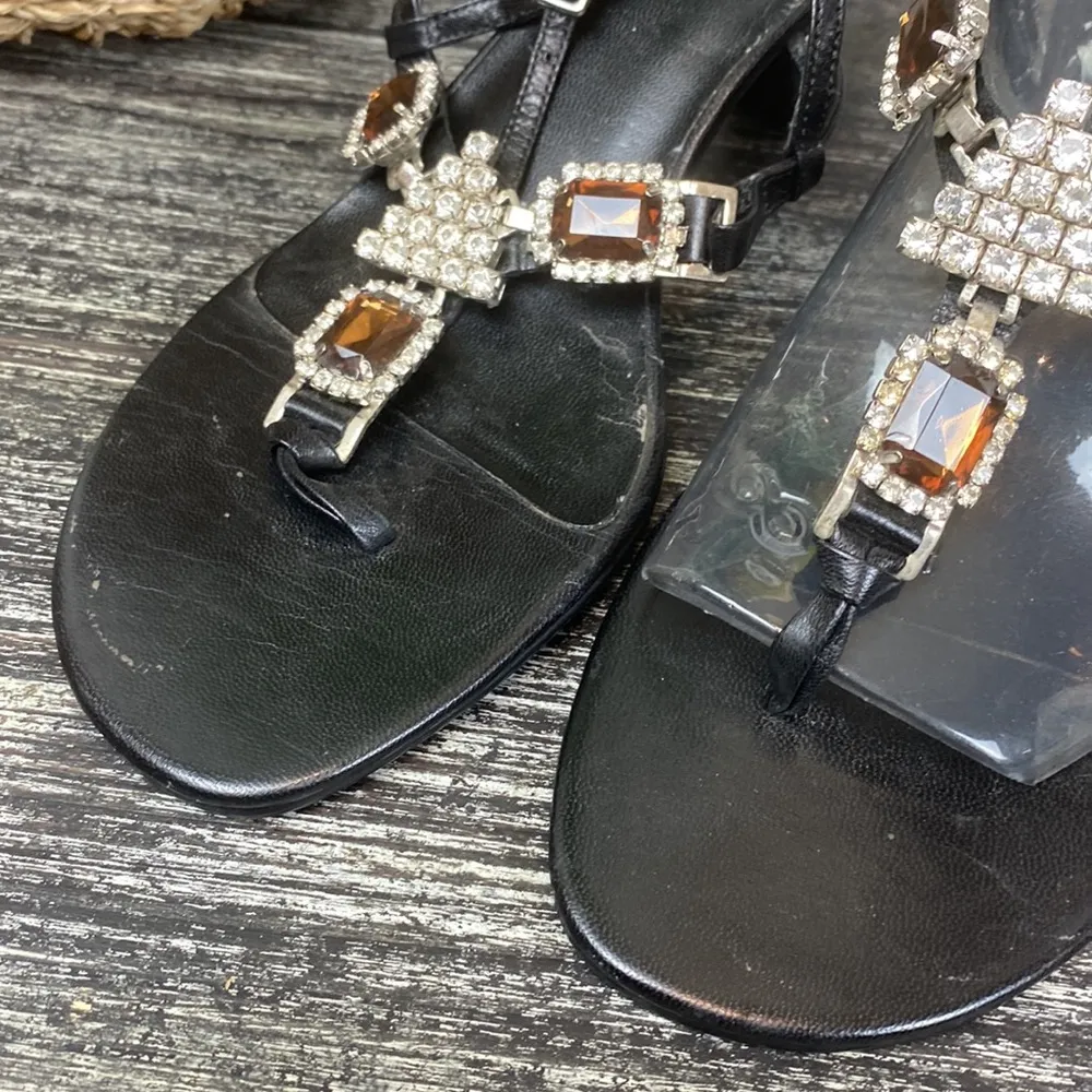 Franco Sarto Black Cori Leather Rhinestone Jewel Thong Heel Sandal Shoe 7 - Image 2