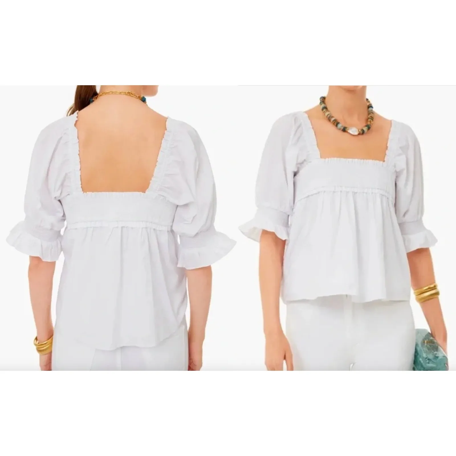 Tuckernuck | Hyacinth House | Palmer Square Neck Smocked Top in White | Sz S - Image 2