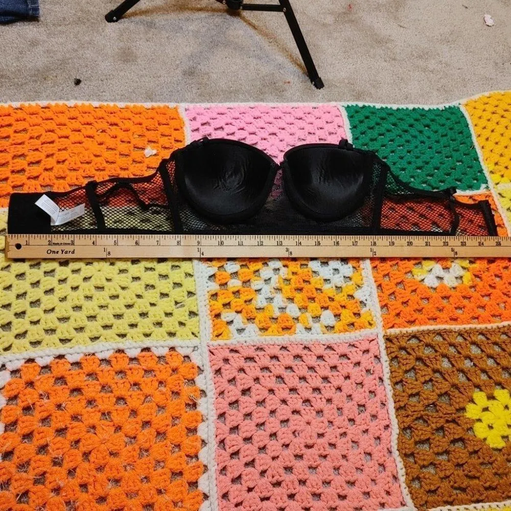 Bebe Intimates 34C Black Bra Gold Lace Goth Sexy Webbed Back Punk Knit Back - Image 3