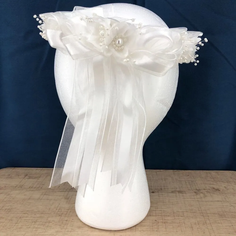 Handmade American VINTAGE 90's White Floral Faux Pearl Wire Wrap Ribbon Halo P - Image 3