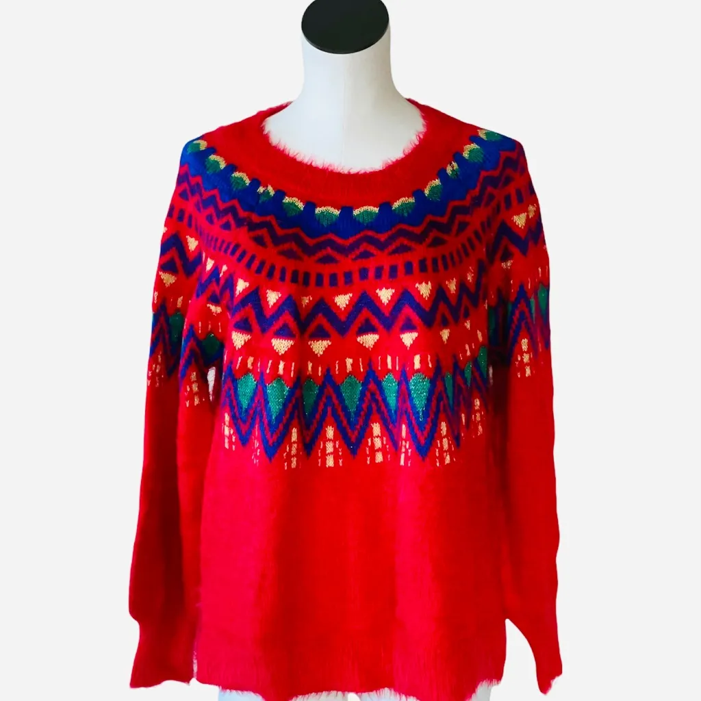 NWT 89th Madison Fuzzy Soft Red Fair Isle Sweater Red Rover Combo Holiday Size L - Image 3