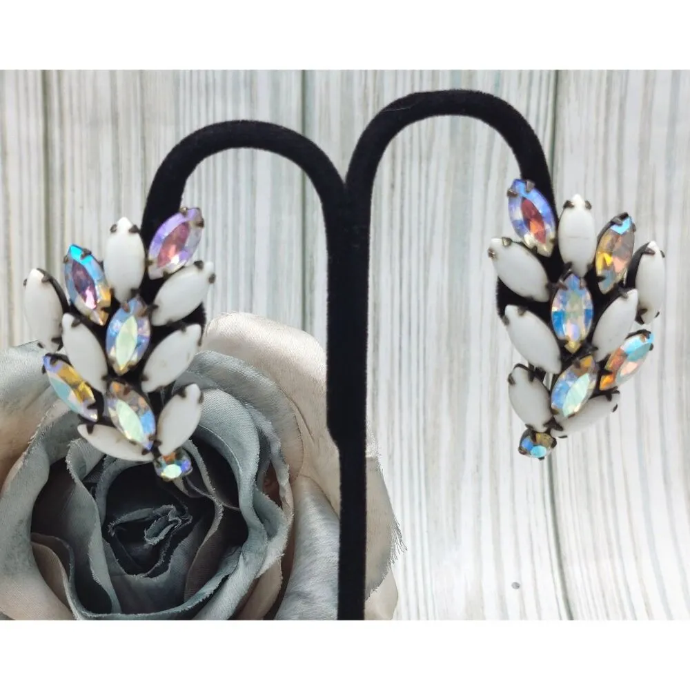 La Roco VINTAGE Milk Glass & AB Navette Crystal Clip On Earrings Large Climbers White - Image 5