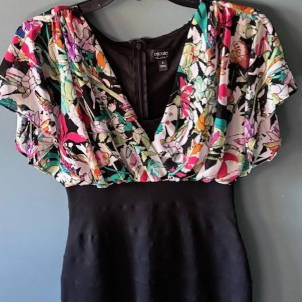 Nicole Miller Women Black Stretch Floral Cap Sleeve V Neck Mini Dress 8 Career - Image 2