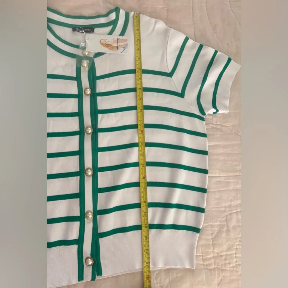 Pretty Garden Striped Short Sleeve Cardigan Sweater Green White Pearl Buttons L Size L - Image 7