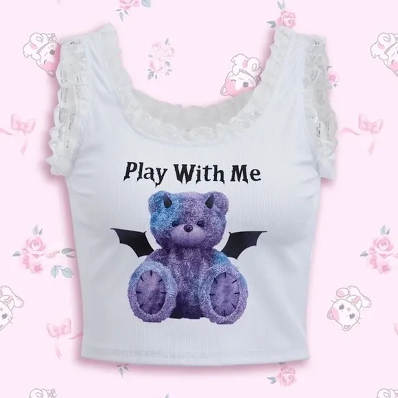 NWT Play With Me Devil Teddy Bear White Crop Lace Trim Tank Top Size Medium - Image 2