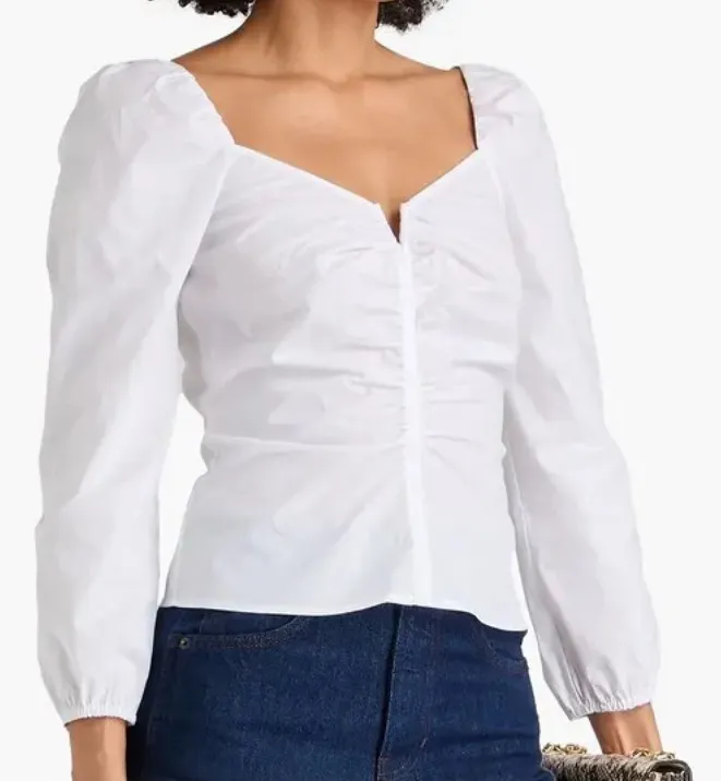 Veronica Beard Zhou Ruched Long Sleeve Top White Size 14 Puff Sleeve Cotton - Image 1