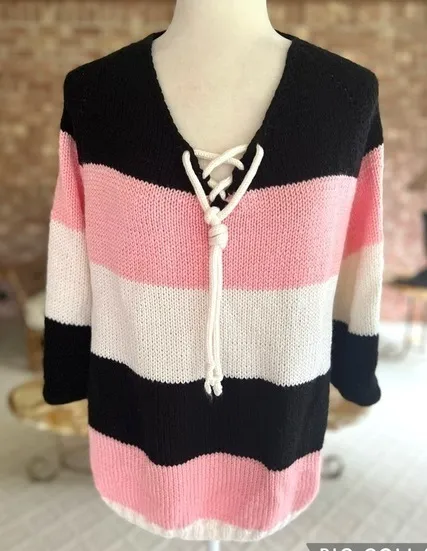 Sweater Striped Pink Black White Tie Front Nautical 8 Casual Preppy Lunch Work - Image 1