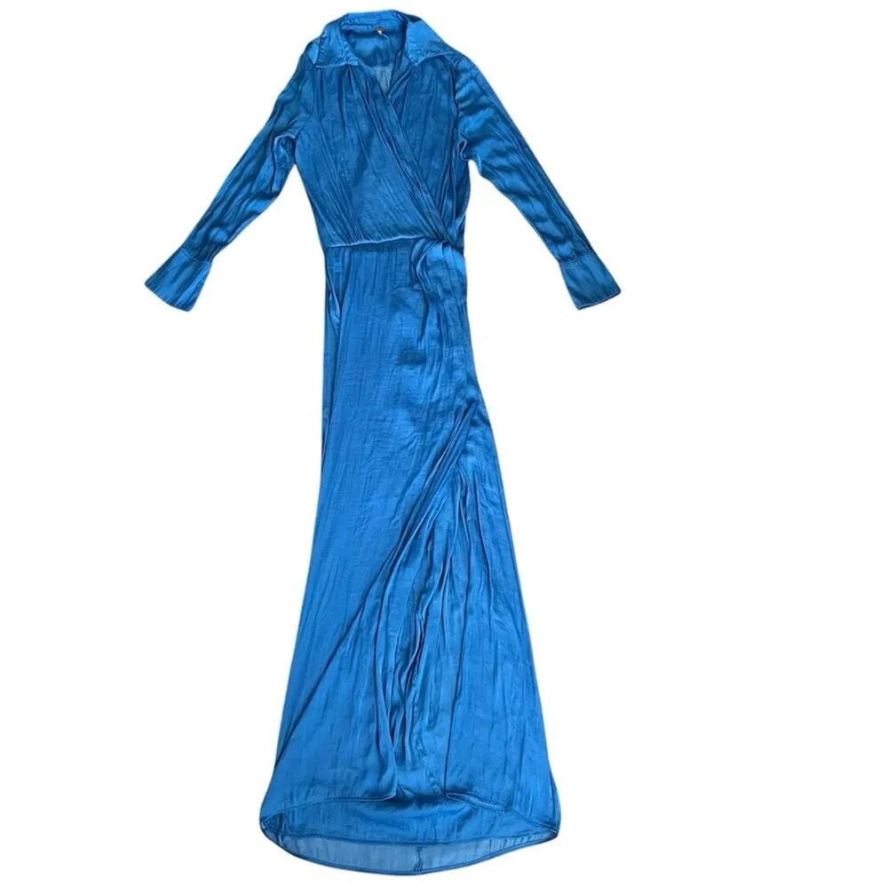 Free People Women’s Aida Collared Long Sleeve Silky Cobalt Blue Shirt Maxi Dress - Image 2