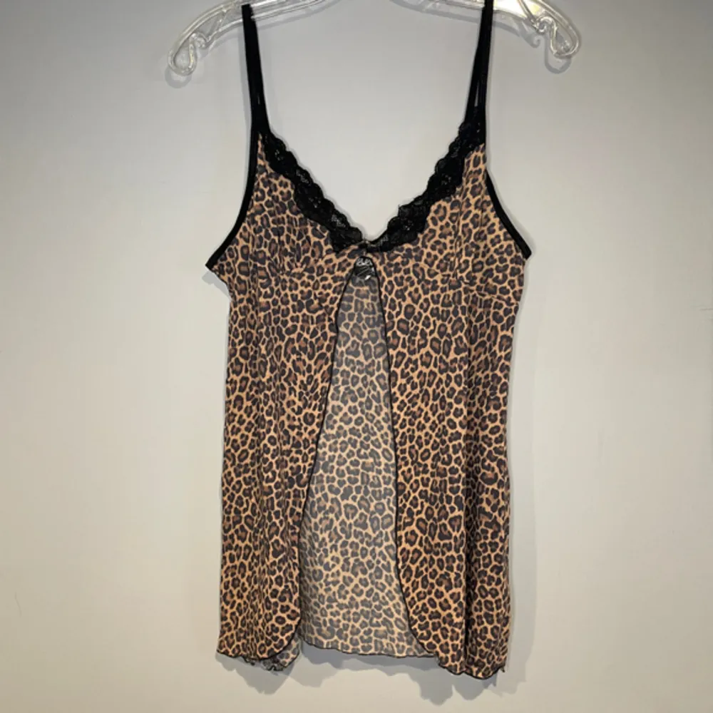Vintage 1990’s Vixen Peek a Boo Cutout Leopard Print Chemise Lingerie Dress Slip Black Size L - Image 2
