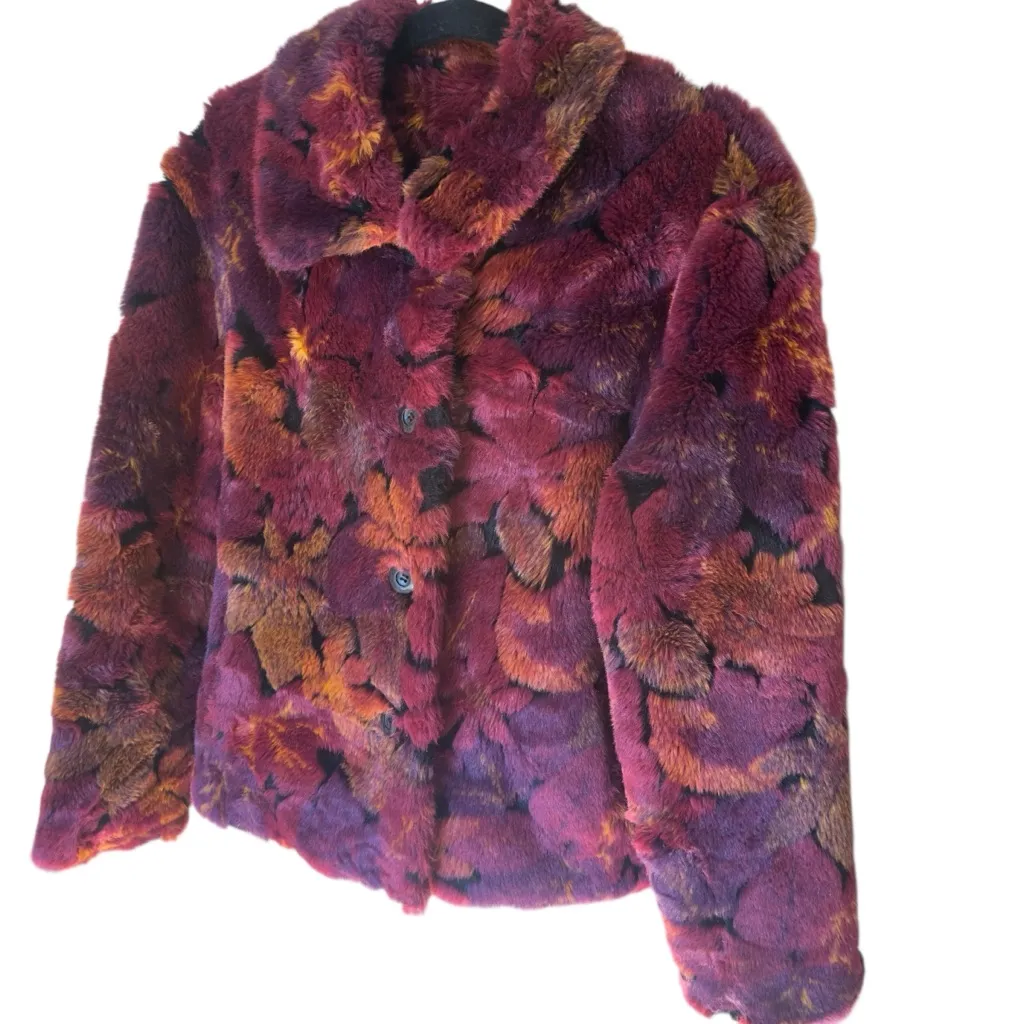 Fabulous Furs Faux Fur Floral Jacket Retro Boho Luxe Plush Fall Y2K Statement M Purple Size M - Image 6