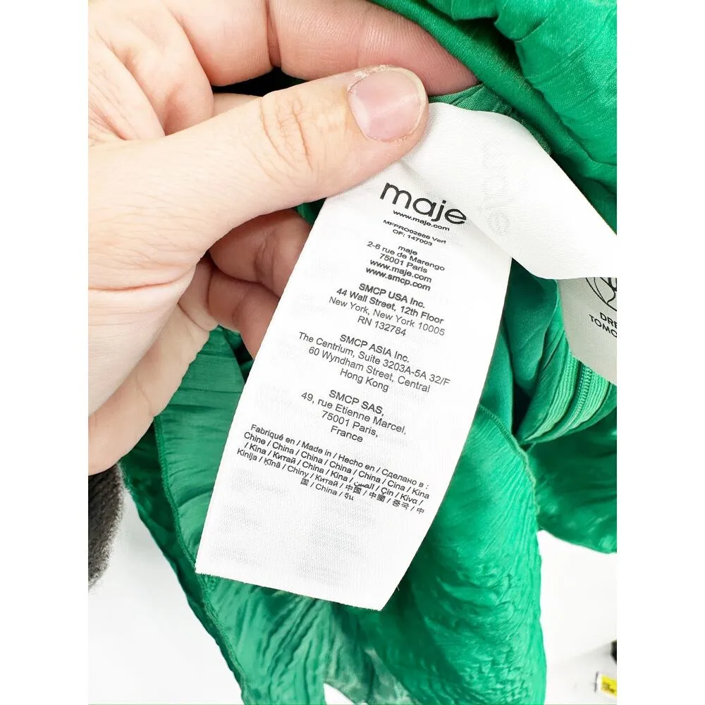 Maje Vert Green Runnylona Gathered Plunge V-Neck Long Sleeve Mini Dress NWT - Image 5