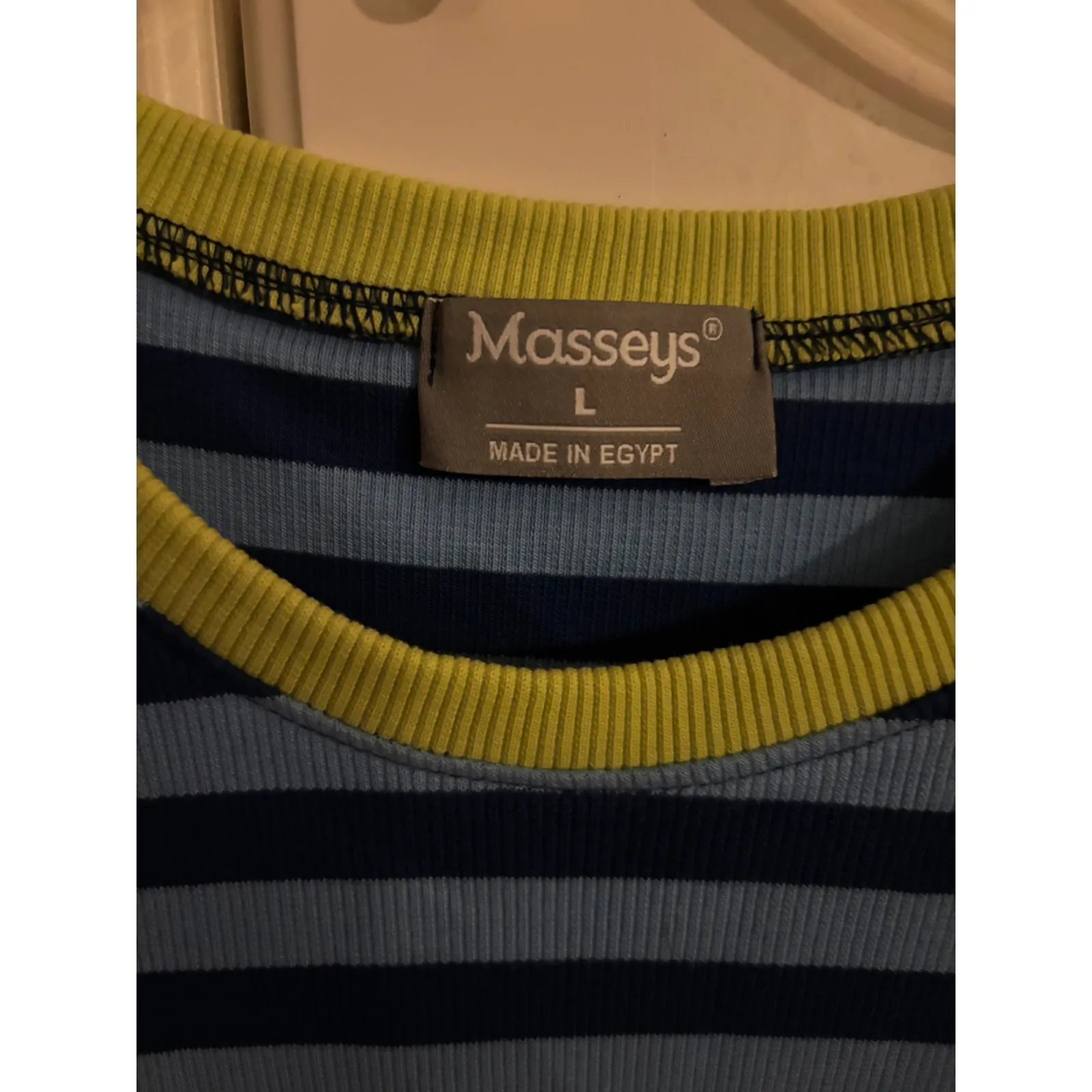 Masseys Striped Crew Neck Short Sleeve Top Womens Size L Blue Yellow Ribbed Knit Size L - Image 2