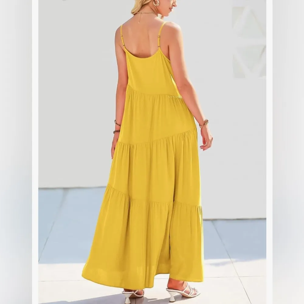 NEW Mustard Loose Sleeveless Sundress Spaghetti Strap Flowy Maxi Dress M Yellow Size M - Image 3
