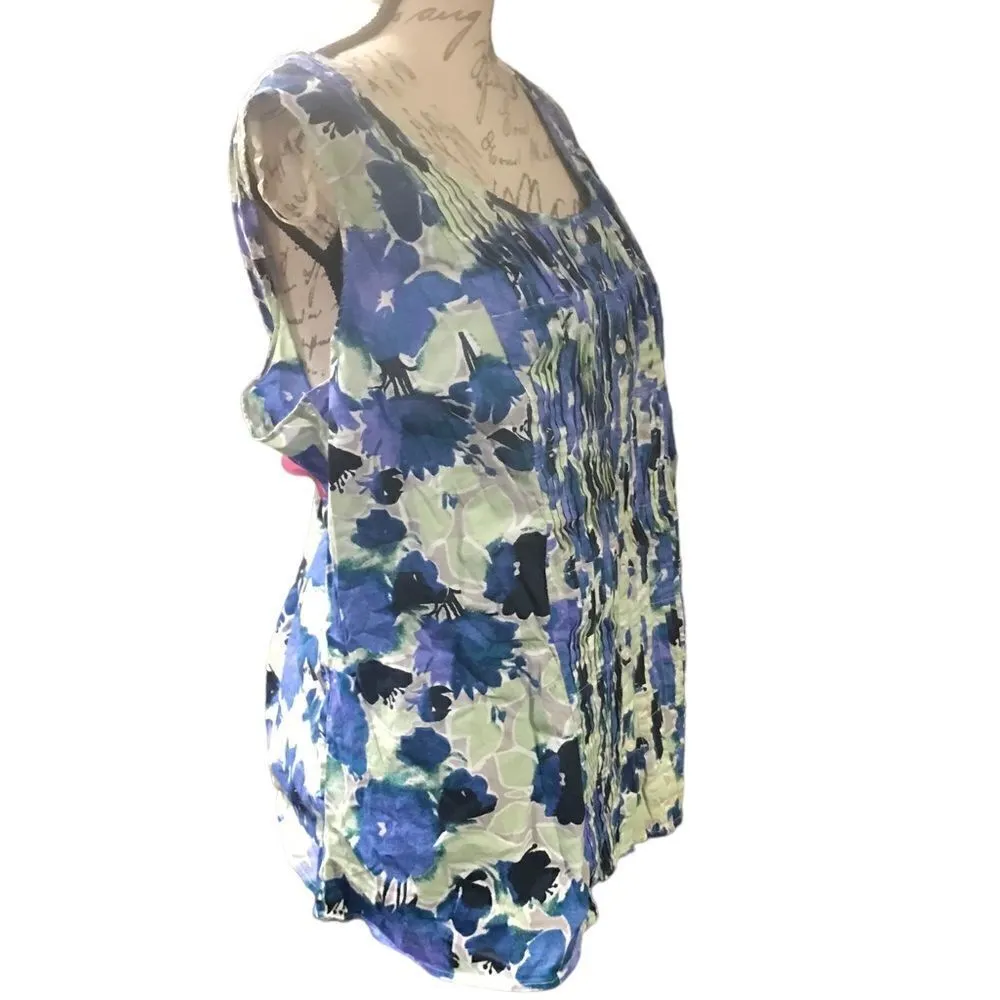 Basic Editions Blue Floral Sleeveless Blouse Size 2X Green - Image 6