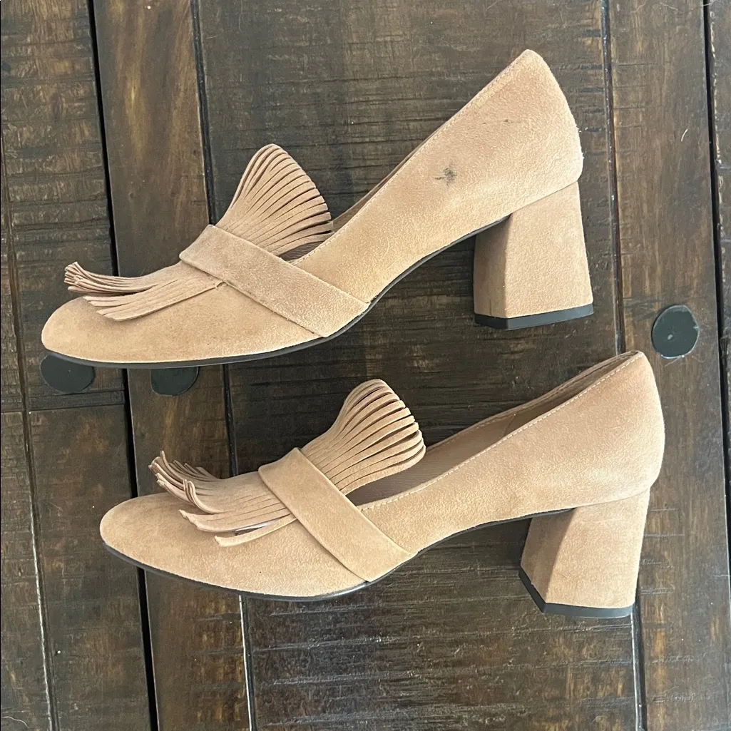 French Soles fs/ny block heel loafers heels Size 9 suede‎ tan leather - Image 5