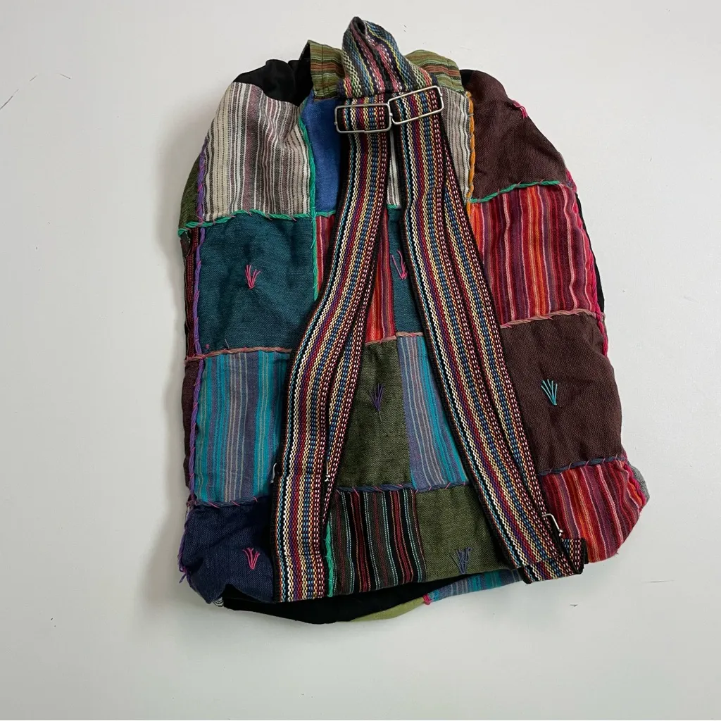 Patchwork Backpack Sack Boho Artsy Ethnic Festival International Nepal Pockets Black - Image 7