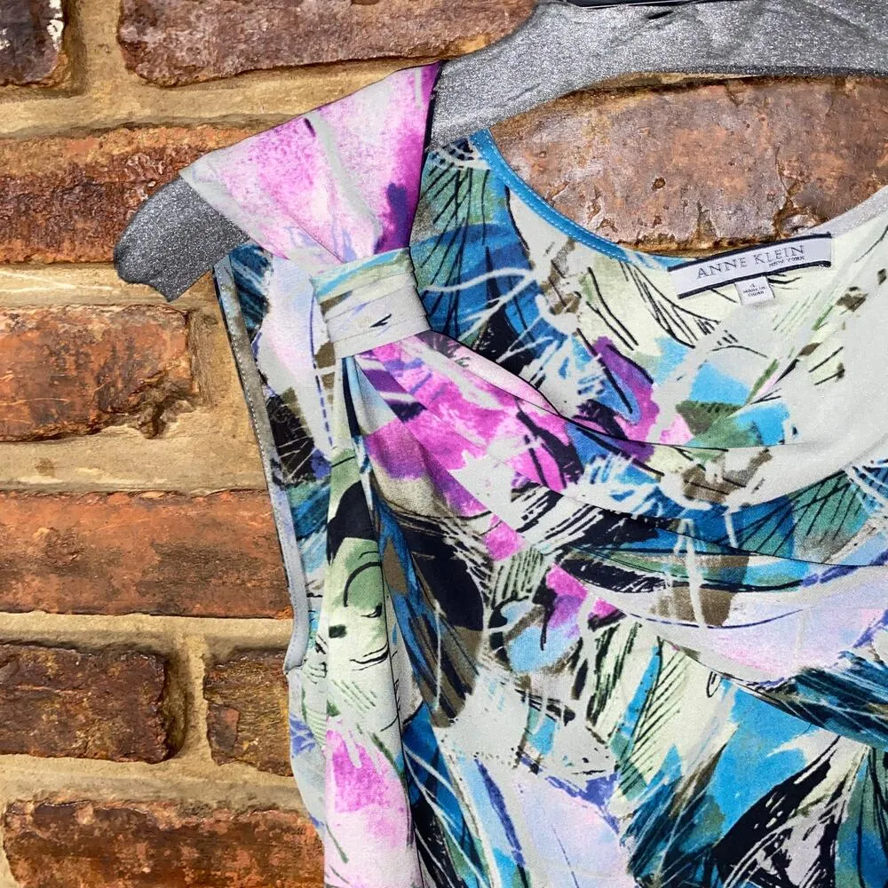 Anne Klein Multicolor Silk Abstract Sleeveless Draped Bow Strap Blouse Size 4 - Image 3