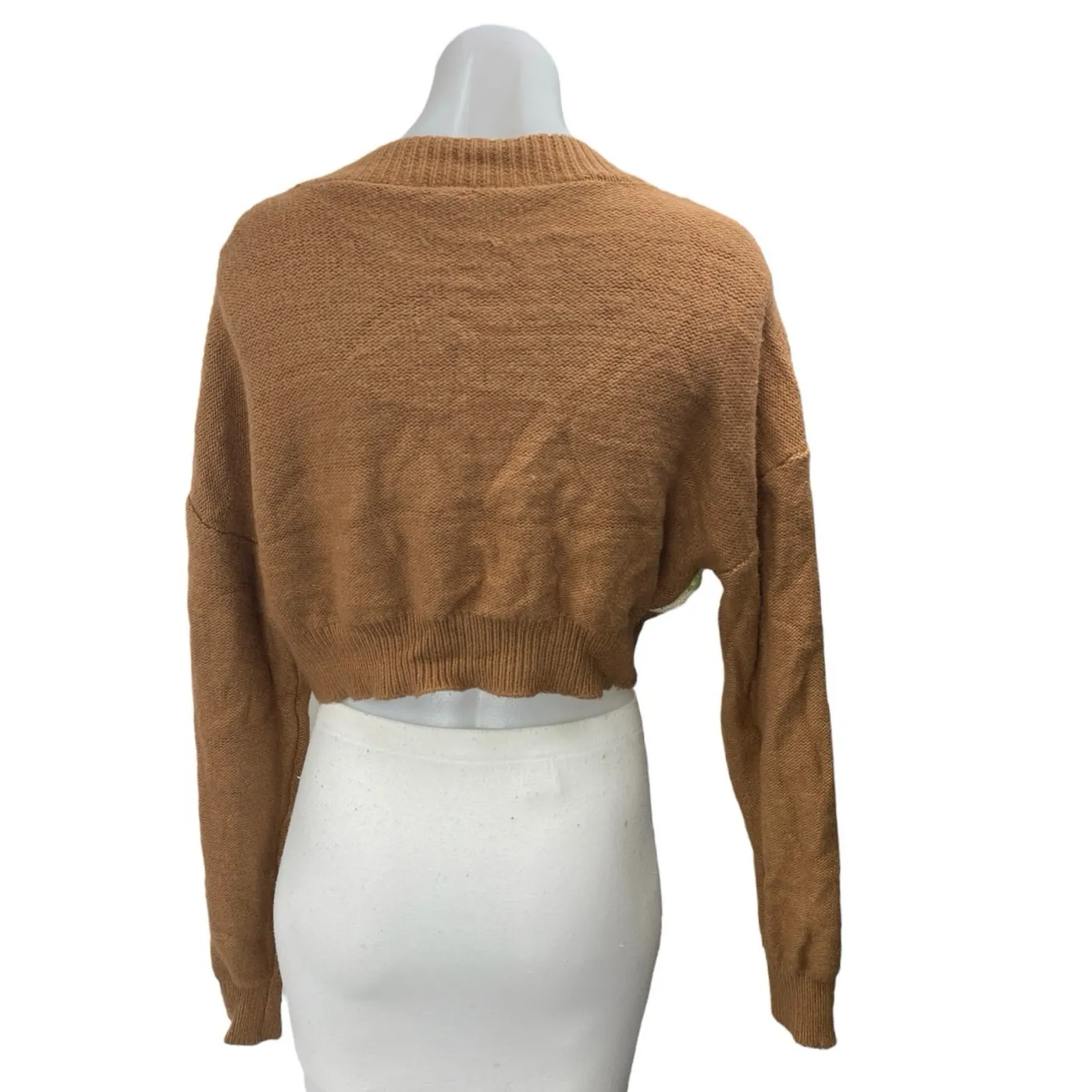 Garage Brown Long Sleeve Plaid Button Down V Neck Cropped Cardigan Sweater S - Image 2