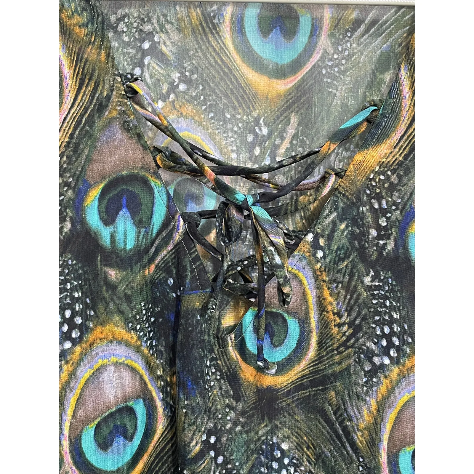 Show Me Your Mumu Blouse Large Sheer Peacock Lace Up  Flounce Bell Sleeves - Image 3