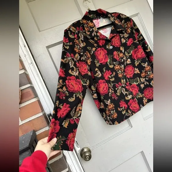 Briggs New York Jacket Womens Long Sleeve Button Up Black‎ Red Floral XL - Image 4