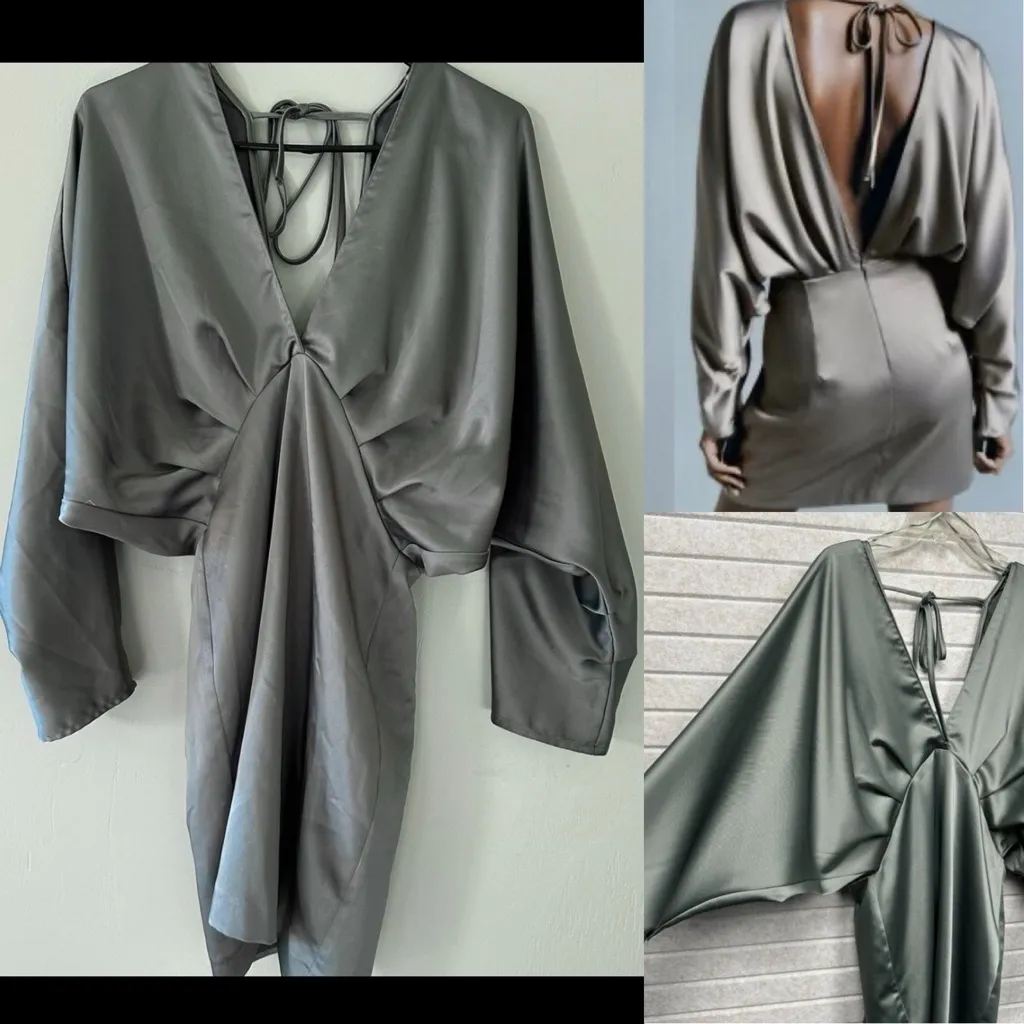 Zara batwing ruched draped contrasting satin long sleeve mini dress - Image 2