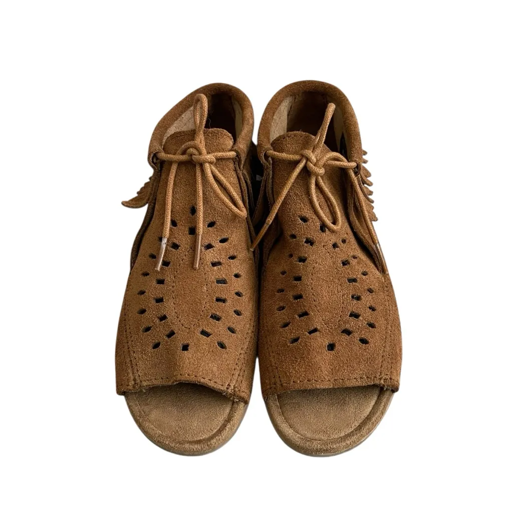 Minnetonka Lyra Soft Suede Fringe Moccasin Open Toe Booties Women’s Size 8 Flats - Image 3