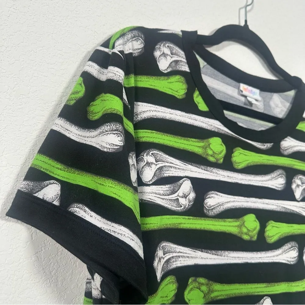 LuLaRoe Halloween Fall Liv T-Shirt Women's 2XL Neon Green & White Bones Festive - Image 4