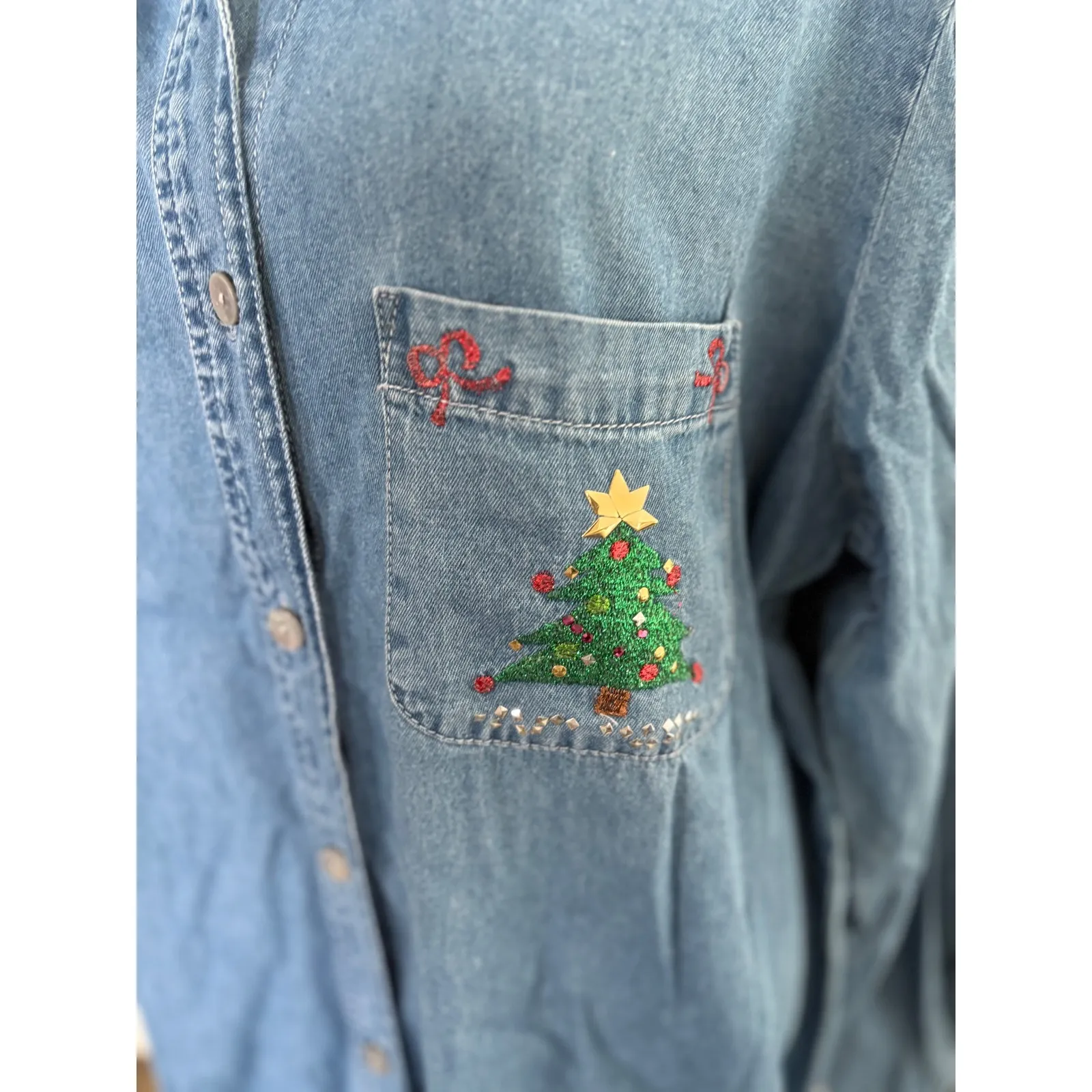 Bobbie‎ Brooks Denim Shirt Christmas Tree Embroidery Holiday Top 14W/16W Blue - Image 2
