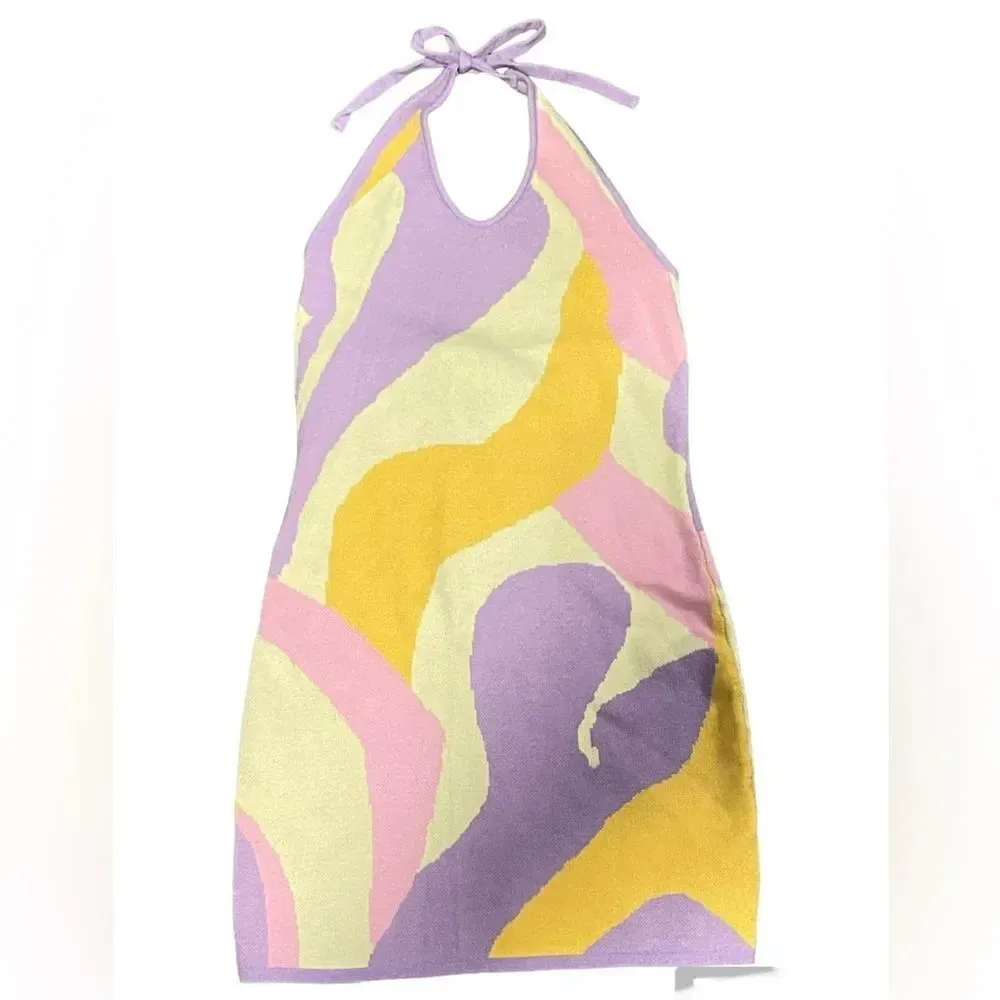 NWOT Y2K Multicolor Mini Knit Dress Small Halter V-Neck Groovy 80s Disco Wacky - Image 4