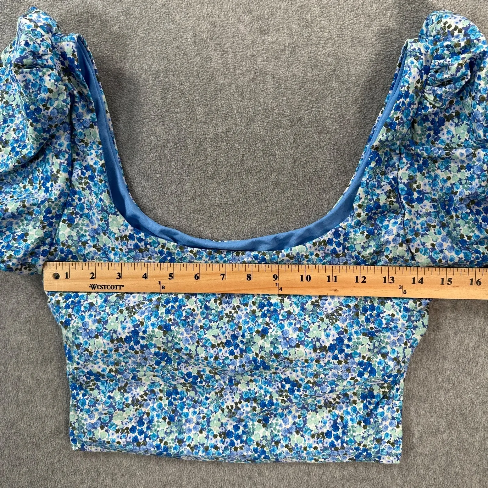 Splendid Flora Longline Puff Sleeve Bra Swim Top Size Large Blue Floral Beachy - Image 5