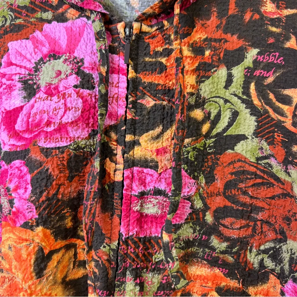 Analogy XL Floral Crinkle Gauze Zippered Front Drawstring Floral Hoodie Jacket Pink - Image 7