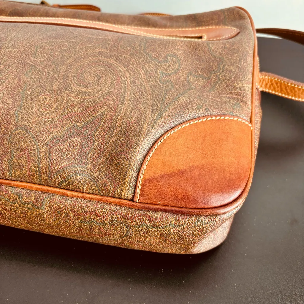 ETRO Red Paisley Crossbody Messenger Shoulder Bag Leather Coated Canvas ITALY Brown - Image 8
