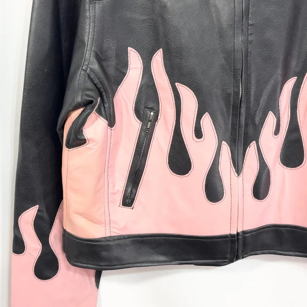 VTG Diamond Plate Womens Large Faux Leather Jacket Black Pink Flame Moto Biker D - Image 4