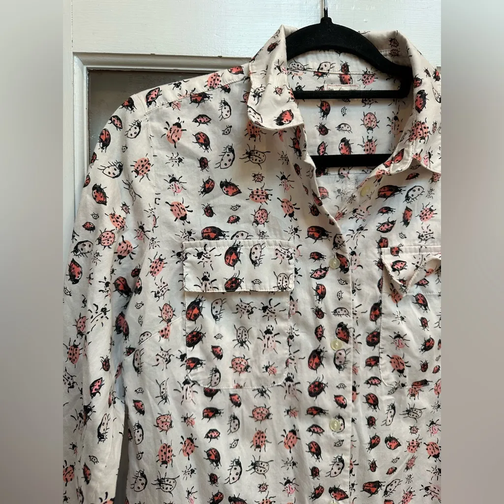 GAP Rose & White Ladybug Button-Up Tee Shirt Dress Cotton Size XS Cottagecore - Image 5