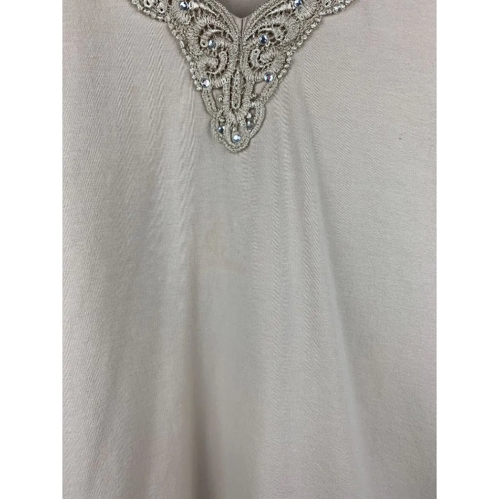 Susan Graver Beige Short Sleeve Top With Embellished V-Neck & Gem Details - Image 5