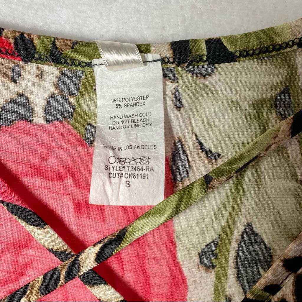 Now N Forever V Neck Top S Leopard Rose Print Criss Cross Blouse Black - Image 5