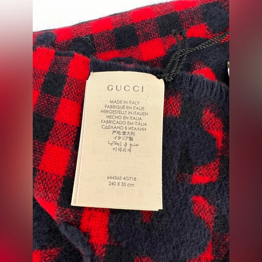 Gucci 644365 Red Blue Wool Jacquard Check GG Diamcheck Logo UNISEX Fringe Scarf - Image 4
