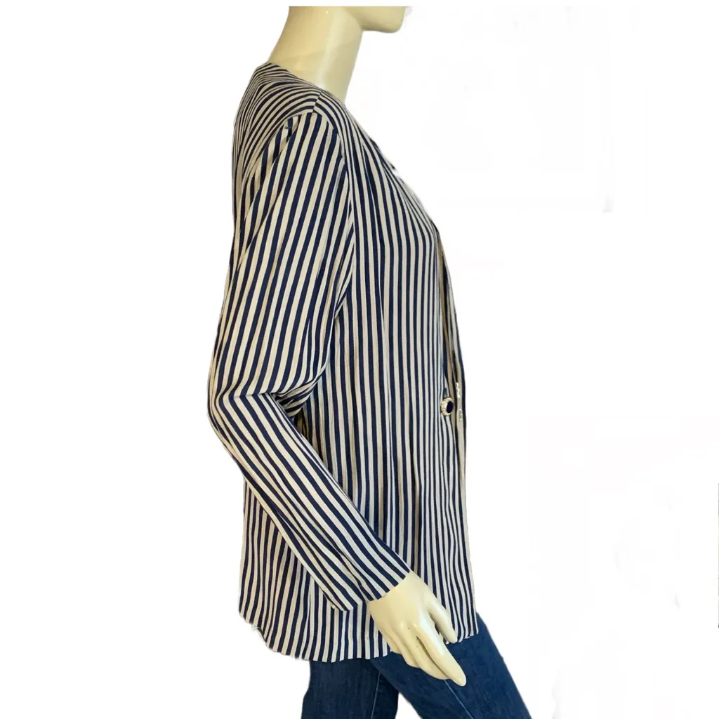 VINTAGE 1980'S DRESS SAVVY BLUE & BEIGE STRIPED BLAZER TOP (10P) - Image 6