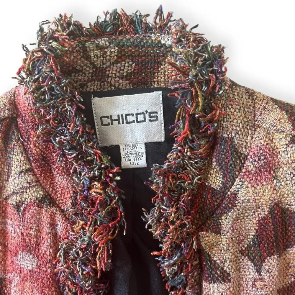 Vintage Y2K Chico's Silk Tapestry Jacket Floral Earth Tones Size 2 Boho Hippy - Image 5